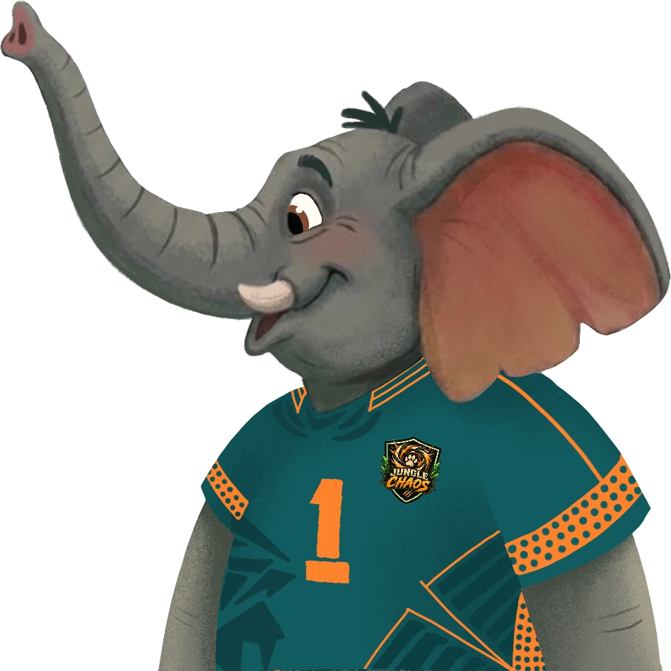 Atlas the elephant smiling in his number 1 kit